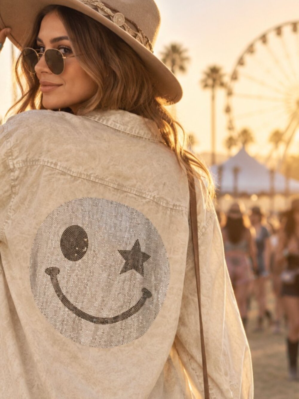 The Nu Vintage Rhinestone Smiley Oversized Shirt Acid Wash Boho Festival Med